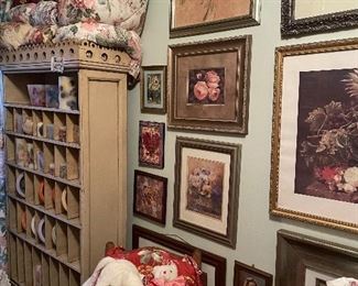 Vintage Post Office Cabinet, wall art and dolls