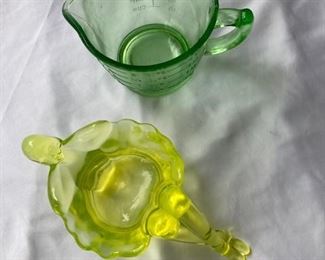 green glass measuring cup and cool bowl