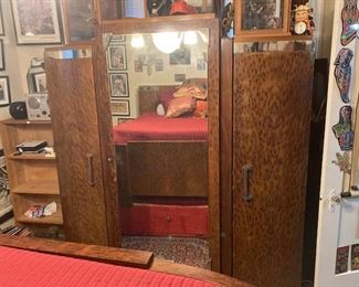 French art deco armoire - This and the matching full/queen size bed are for sale now. Beautiful burled wood, very sturdy and look great.
