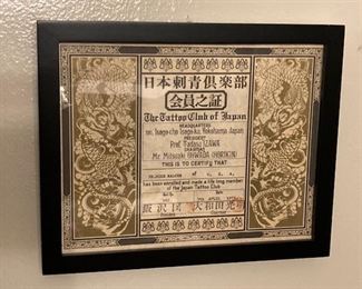 Certification from Tattoo club of Japan for well known tattoo artist Mike Malone