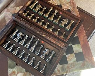 Gorgeous Brass chess set with marble playing board (made in Italy)