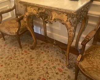 FL2 Antique French Marble Top Console and a pair of Neo classical arm chairs