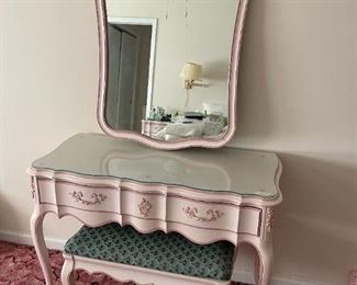 French Provencial Vanity with Glass top and Bench