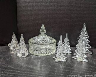 Lovely Crystal Candy Dish Pair of Glass Xmas Tree Candleholders and 4 Handblown Glass Xmas Trees