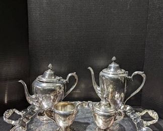 Rogers and Bio Silverplate Coffee and Teapot Creamer and Sugar Dish Plus Silver Toned Tray