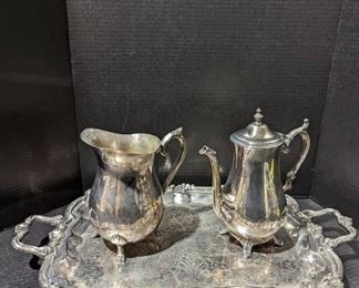 Silverplated Lot Featuring WM Rogers Coffee Pot Leonard Pitcher and Tray