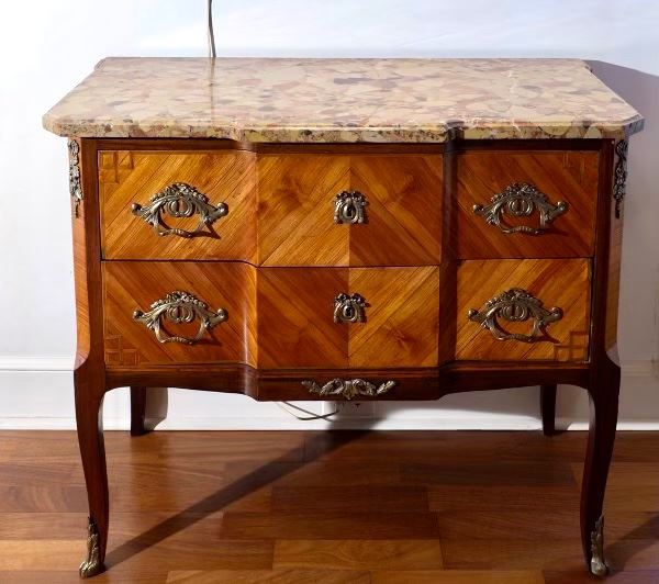 $1200...Antique French Bombe Commode...Beveled Marble with Ormolu Mounts...Measures 33.5h x 38.5w x18d....This piece is available for Pre-Sale   