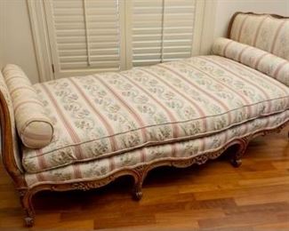 $2400 Antique Louis XV Lit D'Alcove Day Bed...Hand Carved Fruitwood with feet ending in a graceful scroll. Cushions are down filled with two bolster pillows...This piece is available for Pre-Sale