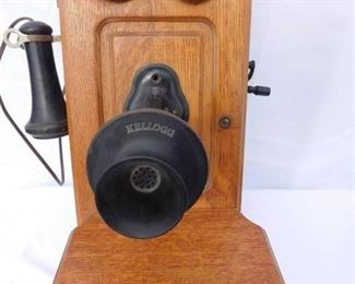 Antique Wood & BakeLight Wall Mounted Telephone by Kellogg