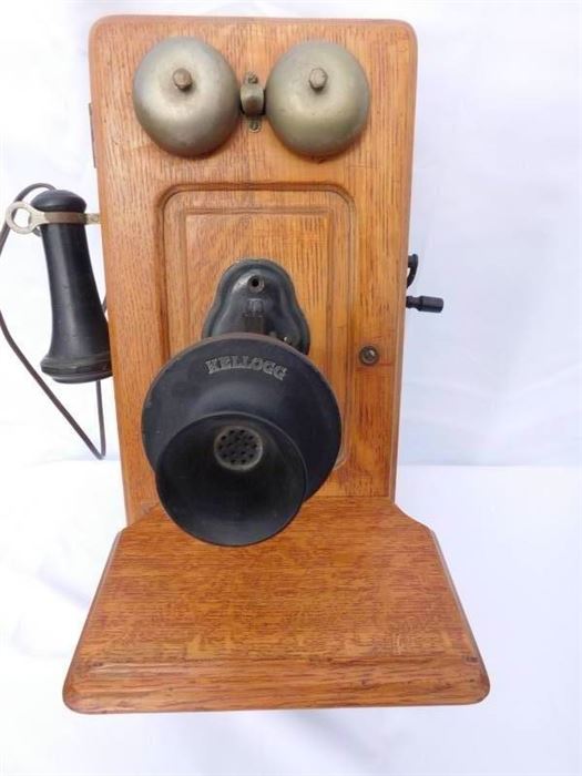 Antique Wood & BakeLight Wall Mounted Telephone by Kellogg