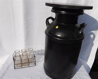 Vintage Milk Can Table & Milk Bottles