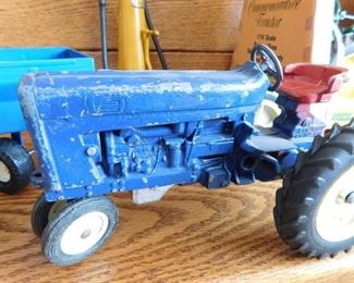 Vintage  Blue Farm Tractor by Ertl & Blue Trailer & Texaco Gas Pump