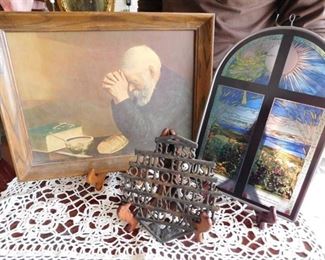 Small Stained Glass &  Iron Plaque.