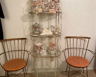 Sweet little pair of handmade metal chairs, little metal etegere shelf - plants or pretties