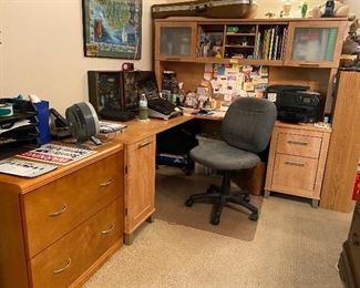 L shaped desk with file cabinet, office chair
