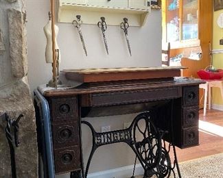 Antique sewing machine with sheers, shadow box