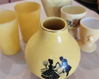 Vintage Yellow Silhouette Vase W Gold Trim, Small Yellow Vase, and Cups