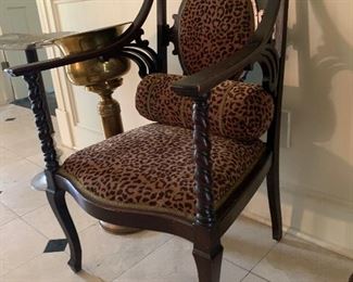 Antique armchair with barley twist and custom upholstered in animal print