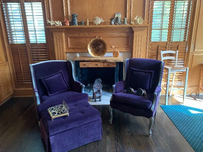 Custom Royal purple upholstered armchairs and tufted ottoman 