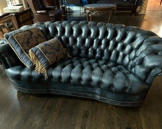 Italian made Chesterfield sofa with distressed leather and brass tack trim