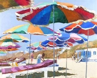 Lot 6 | HOWARD CHESNER BEHRENS (AMERICAN, 1933-2014)  | Beach umbrellas
Oil on canvas
Beach scene with figures and colorful umbrellas, signed lower right, framed, with Wally Findlay Galleries label on verso
h. 29 w. 35 in. (sight)
overall: 33-5/8 x 39-3/4 in. (frame)