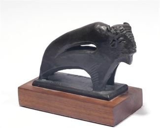 Lot 35 |  ALLAN HOUSER (AMERICAN, 1914-1994)  |  Little Buffalo
Bronze
1976; signed and numbered 24/100 and with stylized "S"
h. 3-3/4 w. 4-3/4 d. 2-1/8 in.