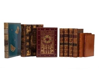 Lot 41  |  (9VOL) FULL LEATHER BINDINGS & ANTIQUARIAN BOOKS  |  Including: POGANY, WILLY [ILLUS.], The Rubaiyat of Omar Khayyam, London: George G. Harrap (c. 1930), 8vo, finely bound in full crushed morocco gilt-stamped with foliate design and title in gilt, marbled endpapers, with 16 tipped in color illustrations; MORLEY, CHRISTOPHER [RACKHAM, ILLUS.], Where the Blue Begins, with illustrations by Arthur Rackham, London & New York: Doubleday, 1922, bound in full blue leather by Weitz-Coleman, dated NYC 1988; BUNYAN, JOHN, The Works of That Eminent Servant of Christ, John Bunyan, illustrated edition, Philadelphia, 1871, bound in paneled leather with impressed gilt decoration; SMITH, ADAM, An Inquiry into the Nature and Causes of the Wealth of Nations, vol. 1 (of 3), the eighth edition, London: A. Strahan, 1796, bound in full contemporary leather; (3vols) CHESTERFIELD'S LETTERS, Letters Written by the Late Right Honourable Philip Dormer Stanhope, Earl of Chesterfield, to His Son..., the 