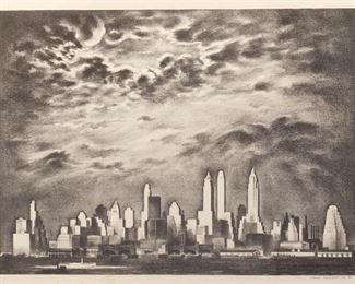 Lot 50  |  LOUIS LOZOWICK (RUSSIAN-AMERICAN, 1892-1973)  |  Storm Over Manhattan
Lithograph
Edition of 189, pencil signed and dated 1936 lower right
h. 10-7/8 w. 14-1/4 in. (sight)
overall: 17-3/8 x 20-3/8 in. (frame)