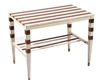 Lot 66  |  GIO PONTI SIDE TABLE/BENCH  |  Mahogany with alternating white painted bands, rectangular with lower shelf having square tapering legs ending in brass feet
h. 20 w. 25-1/2 d. 16-1/2 in.