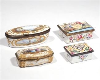 Lot 127  |  (4PC) MEISSEN, STAFFORDSHIRE, & FRENCH BOXES  |  Including a Meissen porcelain stamp box, Marcolini period, early 19th century, with serpentine front, decorated with three figures on a gilt diaper surround, with underglaze blue crossed swords mark (3-3/4 x 2-1/8 in.); a French rectangular box decorated with a "fete champetre" with figures, with flowers around the sides and a shepherd scene inside the lid, marked with a mosquito on underside (3-1/2 x 2-5/8 in.); and two Staffordshire boxes, including an oval box decorated with rural farming scenes and with raised gilt decoration (w. 5 in.) and an enamel potpourri box of rectangular shape with pierced lid decorated with flowers. 