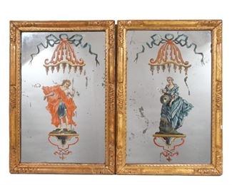 Lot 131  |  PAIR REVERSE PAINTED MIRRORS  |  Late 19th / early 20th century, painted with figures, in gilt carved frames
overall: 16-3/8 x 11-1/4 in. (frame)