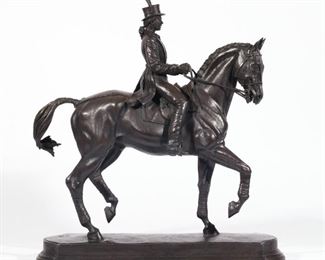 Lot 134  |  JAMES LESLIE (AMERICAN, 20TH/21ST CENTURY)  |  Equestrian
Bronze
Showing a horse and rider, with signature, foundry mark, and artist's monogram on base
h. 19-1/4 w. 17 d. 6 in.
"American sculptor James Leslie is perhaps the finest equestrian sculptor working today. Each sculpture is masterfully created with an attention to detail and anatomy that is rarely, if ever, witnessed in contemporary sculpture. Each image is limited to a casting of no more than six." - from the JM Stringer Gallery of Fine Art Website