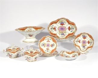 Lot 139  |  (9PC) CHAMBERLAINS WORCESTER PORCELAIN  |  Early 19th century, in the scarlet Japan pattern, comprising: a pair of quatrefoil dishes (12 in.), a pair of shell-form dishes (8 x 8 in.), a pair of covered sauce boats (h. 3-1/2 x 8 in.), a pair of small plates (dia. 7-1/2 in.), and a compote (5-1/2 x 12 x 9 in.)