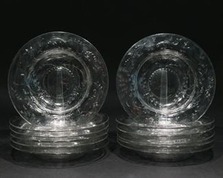 Lot 140  |  (12PC) RARE SET SINCLAIRE CUT GLASS FISH BOWLS  |  Hand blown and etched crystal bowls with fish swimming among vegetation decorated from the foot to the rim, some plates with etched numbers, rims signed "SINCLAIRE" and some plates marked "232/321" dia. 9-1/2 in.