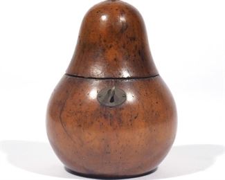 Lot 141  |  ENGLISH PEAR-SHAPED FRUITWOOD TEA CADDY  |  Late 18th / early 19th century
h. 5-1/2 in.