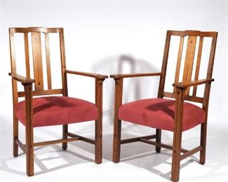 Lot 149  |  PAIR LIMBERT EBON-OAK ARMCHAIRS  |  Grand Rapids, MI, c. 1912, Charles Limbert armchairs, ebon-oak line, branded under arm
h. 40 w. 26 d. 21 in.