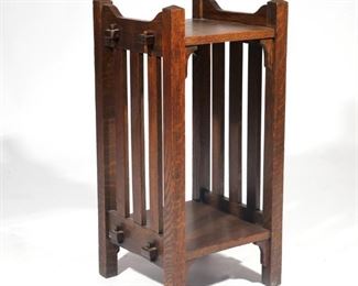 Lot 150  |  EARLY 20TH C. ARTS & CRAFTS OAK SQUARE SIDE TABLE  |  Early 20th century, mortise & tenon construction, slotted sides
h. 33 w. 15 d. 15 in.