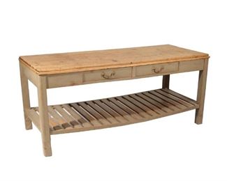 Lot 152  |  PAINTED PINE FARM TABLE  |  Early-mid 20th century, with scrubbed top over two frieze drawers and a slatted shelf, painted in grey, legs extended
h. 34-1/2 w. 79 d. 32 in.

