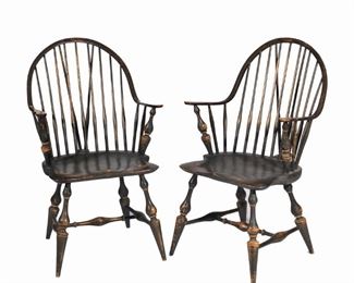 Lot 153  |  PAIR D.R. DIMES CONTINOUS ARM BRACEBACK WINDSORS  |  Early examples, with distressed green finish, continuous arm braceback armchairs, the undersides with "DR DIMES" brand; seat height 17-1/2 in.
h. 38 w. 23 d. 21 in.