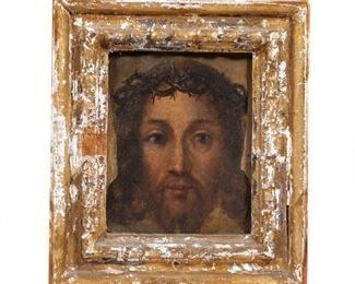 Lot 186  |  FLEMISH OR DUTCH SCHOOL, 17TH/18TH CENTURY  |  Christ with a crown of thorns
Oil on copper
With remnants of old label on verso, framed
h. 6-5/8 w. 5-1/4 in.
overall: 9-3/4 x 8-1/2 in. (frame)