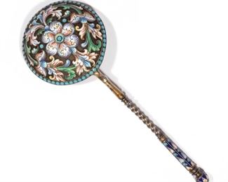Lot 189  |  RUSSIAN CLOISONNE ENAMELED SILVER SPOON  |  With mark of Fyodor Ivanov (Moscow, 1843-1882); 7-1/4 in., 67.1g (2.16 ozt)