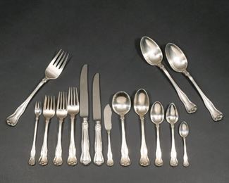 Lot 205  |  (158PC) TIFFANY & CO. "PROVENCE" FLATWARE SERVICE  |  Sterling silver service for twelve [one piece short] in the "Provence" pattern, c. 1960s, comprising: 13 dinner knives, 12 dinner forks, 12 salad / dessert forks, 11 luncheon knives, 12 luncheon forks, 11 flat-handled butter spreaders, 12 cocktail forks, 12 dessert spoons, 12 cream soup spoons, 24 teaspoons, 12 grapefruit spoons, 12 demitasse spoons, 2 tablespoons, and 1 meat fork; total weighable silver 218 ozt