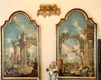 Pair of Capricci(o) Oil on Canvas Ruin/Landscape Paintings in Architectural Frames