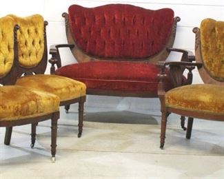 38x - Fancy Carved Victorian Parlor Set - Tufted Backs 1 Settee & Three Chairs

