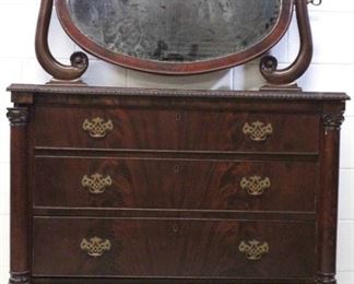 42x - Empire Mahogany Chest w/ Mirror & Hairy Paw Feet Tilt Mirror w/ Rosette Carved Hearts slight split in top - missing a piece of molding 63 x 44 x 22
