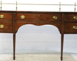 55x - Kindel Mahogany Sideboard w/ Brass Gallery Bow Front - Spade Legs - Pencil Inlay - Brass Hardware 43 x 72 x 21 (height is to top of Gallery)
