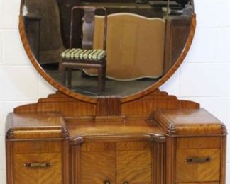 77x - Vintage Art Deco vanity with round mirror 63 x 52 x 19 vintage Bakelite hardware wear to stain on top
