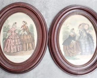 179 - Pair oval fashion prints - walnut frames 12 1/2" x 16"
