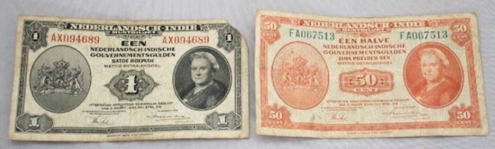 207 - 2 pc. Nederlands-Indie 50 cents and 1 Dollar Bills
