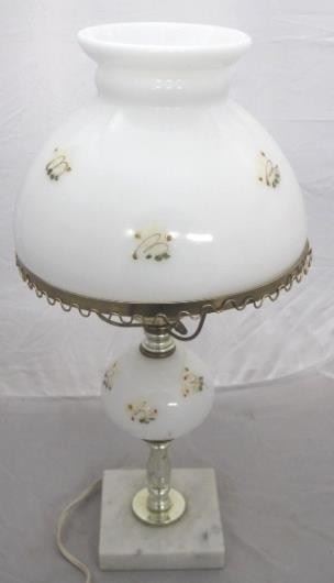 259 - Milk glass lamp with flowers 16 1/2"
